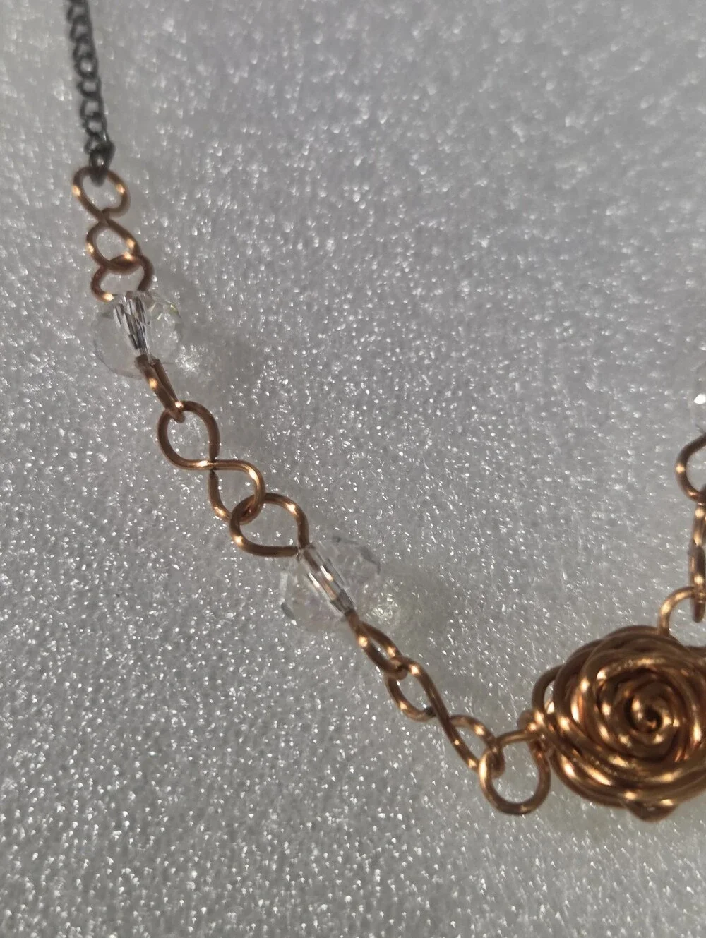 Handcrafted Copper Rose Necklace with Clear Crystal Accents
